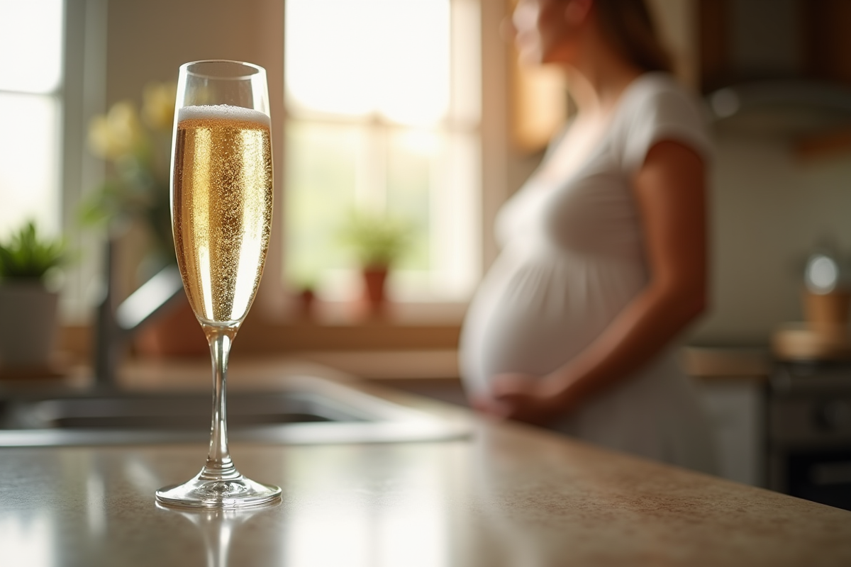 Gros plan sur un verre de champagne dans la cuisine avec profil de femme enceinte flou