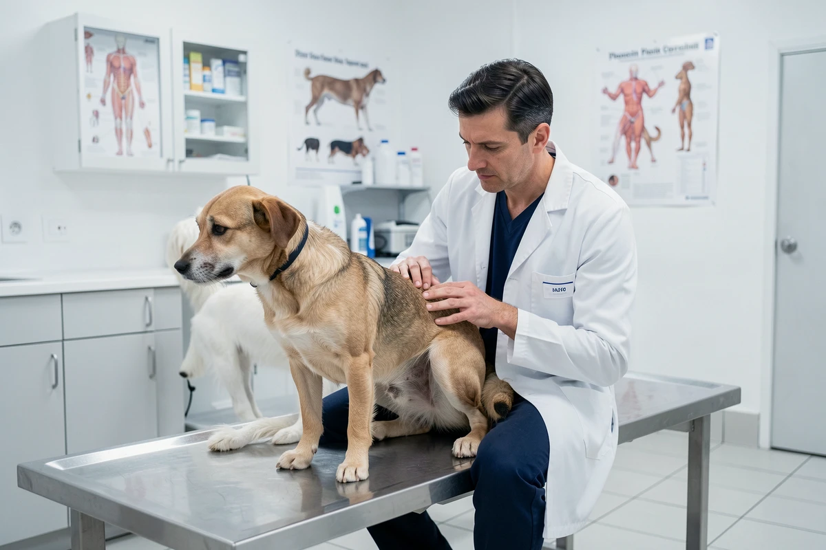 Vétérinaire examinant un chien en consultation clinique pour diagnostiquer une odeur corporelle suspecte