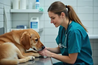 Vétérinaire examinant une morsure de brochet sur la patte d'un golden retriever en clinique
